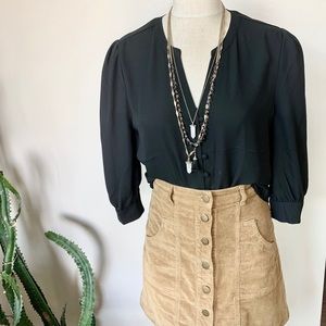 High Low Split Neck Button Up Black Blouse Medium